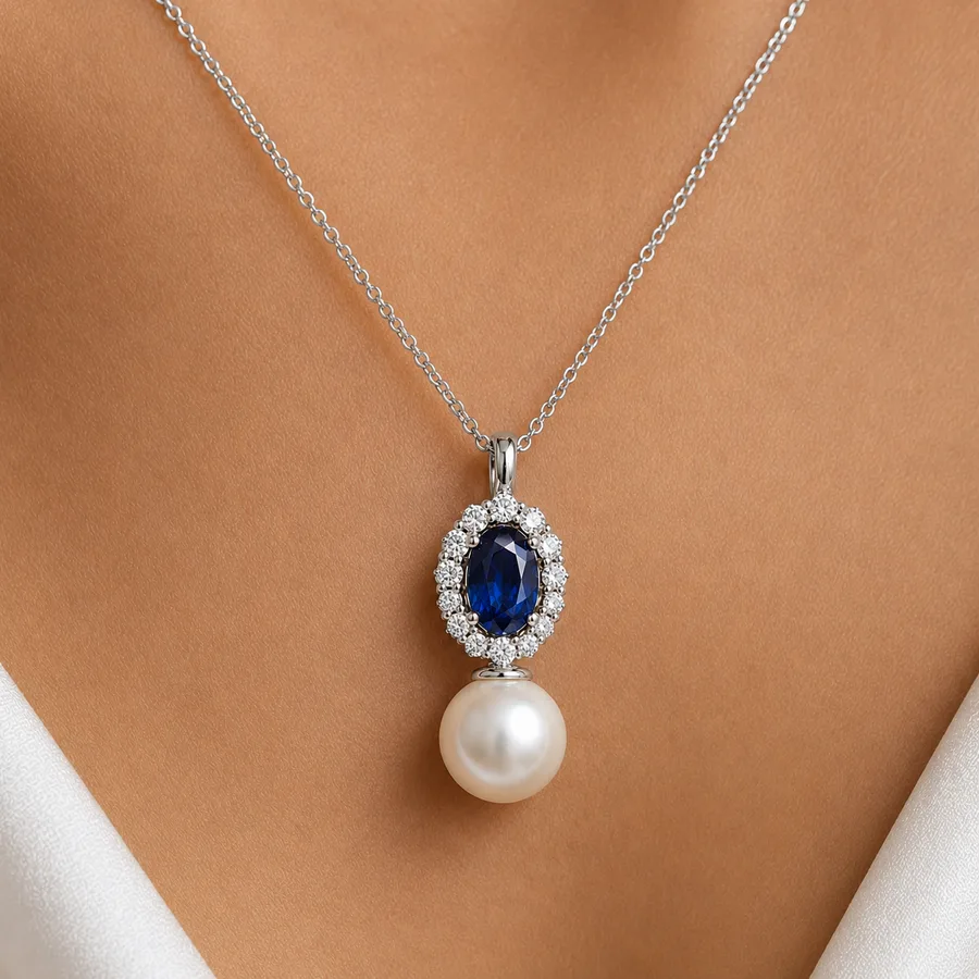 שרשרת זהב עם יהלומים ואבן חן ספיר Diana Oval Blueberry