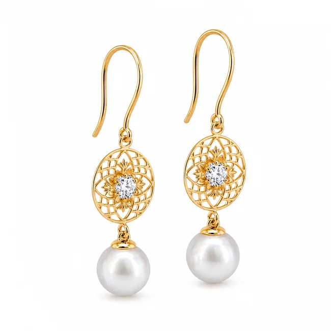 עגילים זהב יהלומים ופנינים - White Orient Pearl